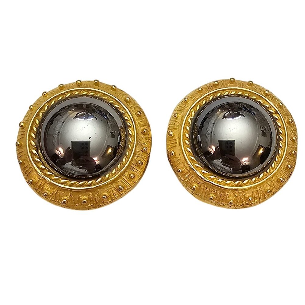 Etruscan Clip-On Gold Tone Domed Metallic Round Earrings Signed Jaded C790